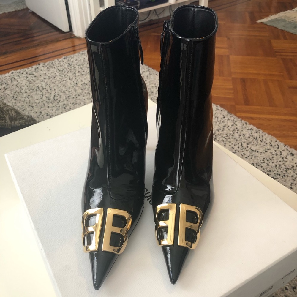 New Balenciaga Knife Logo Embellished Patent Boot